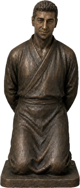 Bronze statue of the first offender, kneeling with hands bound behind his back