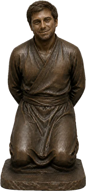 Bronze statue of the second offender, kneeling with hands bound behind his back